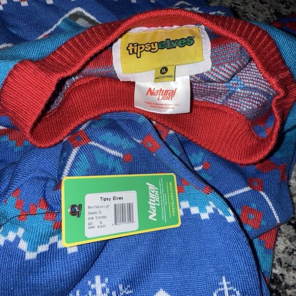 Tipsy Elves NWT Natural Natty Light College Beer Ugly Christmas Sweater Men XL - Picture 8 of 10